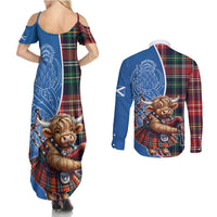 Scottish Tartan Couples Matching Summer Maxi Dress and Long Sleeve Button Shirt Highland Cow Playing Bagpipes