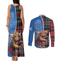 Scottish Tartan Couples Matching Tank Maxi Dress and Long Sleeve Button Shirt Highland Cow Playing Bagpipes