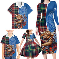 Scottish Tartan Family Matching Long Sleeve Bodycon Dress and Hawaiian Shirt Highland Cow Playing Bagpipes