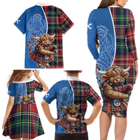 Scottish Tartan Family Matching Long Sleeve Bodycon Dress and Hawaiian Shirt Highland Cow Playing Bagpipes