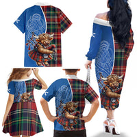 Scottish Tartan Family Matching Off The Shoulder Long Sleeve Dress and Hawaiian Shirt Highland Cow Playing Bagpipes