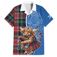 Scottish Tartan Family Matching Off The Shoulder Long Sleeve Dress and Hawaiian Shirt Highland Cow Playing Bagpipes