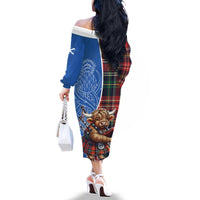 Scottish Tartan Family Matching Off The Shoulder Long Sleeve Dress and Hawaiian Shirt Highland Cow Playing Bagpipes