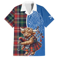 Scottish Tartan Family Matching Off Shoulder Maxi Dress and Hawaiian Shirt Highland Cow Playing Bagpipes