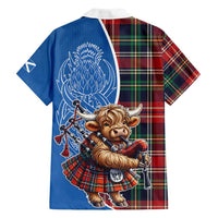 Scottish Tartan Family Matching Off Shoulder Maxi Dress and Hawaiian Shirt Highland Cow Playing Bagpipes