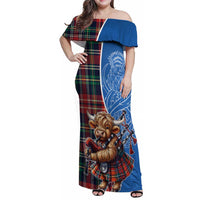 Scottish Tartan Family Matching Off Shoulder Maxi Dress and Hawaiian Shirt Highland Cow Playing Bagpipes