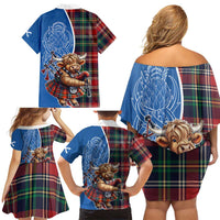 Scottish Tartan Family Matching Off Shoulder Short Dress and Hawaiian Shirt Highland Cow Playing Bagpipes