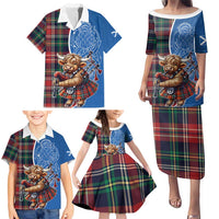 Scottish Tartan Family Matching Puletasi and Hawaiian Shirt Highland Cow Playing Bagpipes