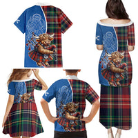 Scottish Tartan Family Matching Puletasi and Hawaiian Shirt Highland Cow Playing Bagpipes
