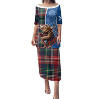 Scottish Tartan Family Matching Puletasi and Hawaiian Shirt Highland Cow Playing Bagpipes