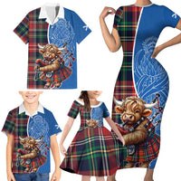 Scottish Tartan Family Matching Short Sleeve Bodycon Dress and Hawaiian Shirt Highland Cow Playing Bagpipes
