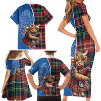 Scottish Tartan Family Matching Short Sleeve Bodycon Dress and Hawaiian Shirt Highland Cow Playing Bagpipes
