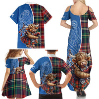 Scottish Tartan Family Matching Summer Maxi Dress and Hawaiian Shirt Highland Cow Playing Bagpipes
