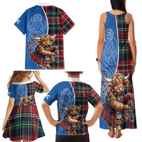 Scottish Tartan Family Matching Tank Maxi Dress and Hawaiian Shirt Highland Cow Playing Bagpipes