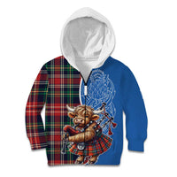 Scottish Tartan Kid Hoodie Highland Cow Playing Bagpipes