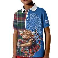 Scottish Tartan Kid Polo Shirt Highland Cow Playing Bagpipes