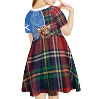 Scottish Tartan Kid Short Sleeve Dress Highland Cow Playing Bagpipes