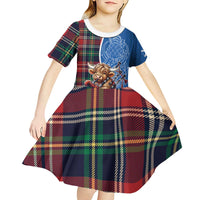 Scottish Tartan Kid Short Sleeve Dress Highland Cow Playing Bagpipes