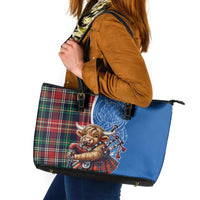 Scottish Tartan Leather Tote Bag Highland Cow Playing Bagpipes