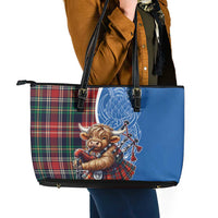 Scottish Tartan Leather Tote Bag Highland Cow Playing Bagpipes