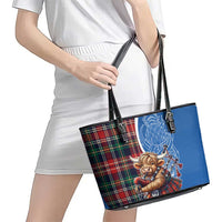 Scottish Tartan Leather Tote Bag Highland Cow Playing Bagpipes
