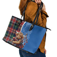 Scottish Tartan Leather Tote Bag Highland Cow Playing Bagpipes