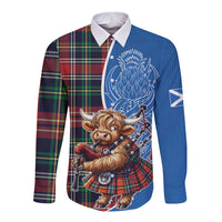 Scottish Tartan Long Sleeve Button Shirt Highland Cow Playing Bagpipes