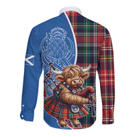 Scottish Tartan Long Sleeve Button Shirt Highland Cow Playing Bagpipes