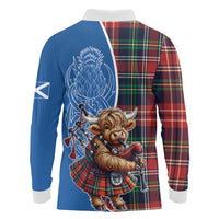 Scottish Tartan Long Sleeve Polo Shirt Highland Cow Playing Bagpipes