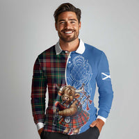 Scottish Tartan Long Sleeve Polo Shirt Highland Cow Playing Bagpipes