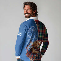 Scottish Tartan Long Sleeve Polo Shirt Highland Cow Playing Bagpipes