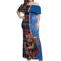 Scottish Tartan Off Shoulder Maxi Dress Highland Cow Playing Bagpipes