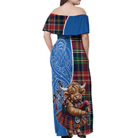 Scottish Tartan Off Shoulder Maxi Dress Highland Cow Playing Bagpipes