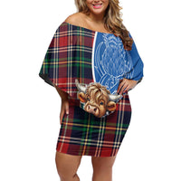 Scottish Tartan Off Shoulder Short Dress Highland Cow Playing Bagpipes