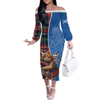Scottish Tartan Off The Shoulder Long Sleeve Dress Highland Cow Playing Bagpipes