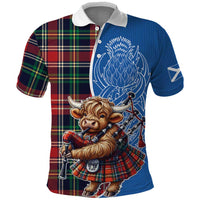 Scottish Tartan Polo Shirt Highland Cow Playing Bagpipes