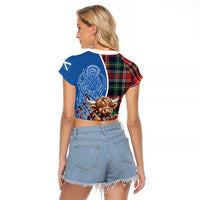 Scottish Tartan Raglan Cropped T Shirt Highland Cow Playing Bagpipes