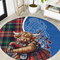 Scottish Tartan Round Carpet Highland Cow Playing Bagpipes