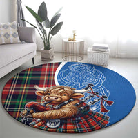 Scottish Tartan Round Carpet Highland Cow Playing Bagpipes