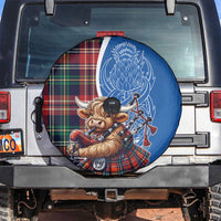 Scottish Tartan Spare Tire Cover Highland Cow Playing Bagpipes