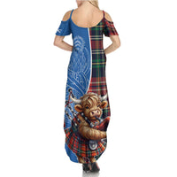 Scottish Tartan Summer Maxi Dress Highland Cow Playing Bagpipes