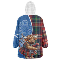 Scottish Tartan Wearable Blanket Hoodie Highland Cow Playing Bagpipes