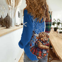 Scottish Tartan Women Casual Shirt Highland Cow Playing Bagpipes
