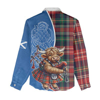 Scottish Tartan Women Casual Shirt Highland Cow Playing Bagpipes