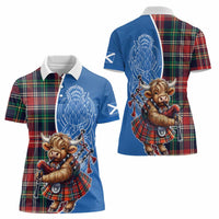 Scottish Tartan Women Polo Shirt Highland Cow Playing Bagpipes