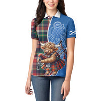 Scottish Tartan Women Polo Shirt Highland Cow Playing Bagpipes
