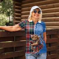 Scottish Tartan Women Polo Shirt Highland Cow Playing Bagpipes