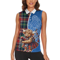 Scottish Tartan Women Sleeveless Polo Shirt Highland Cow Playing Bagpipes