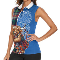 Scottish Tartan Women Sleeveless Polo Shirt Highland Cow Playing Bagpipes