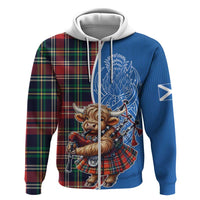 Scottish Tartan Zip Hoodie Highland Cow Playing Bagpipes